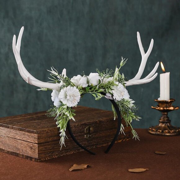 Handmade White Flower Antler Headpiece Woodland Reindeer Crown for Cosplay
